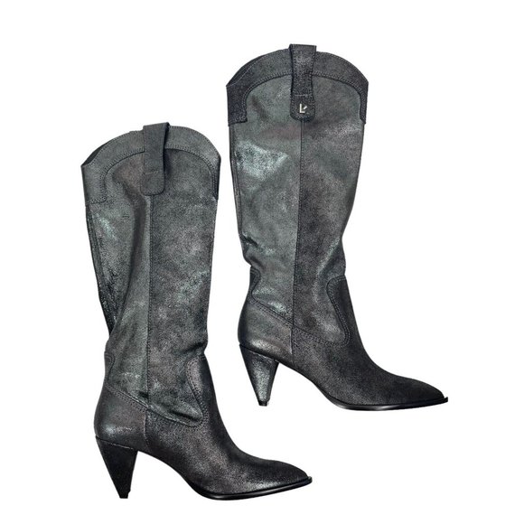 LARROUDE Louise Cowboy BOOTS Size 8 Shine Graphite Metallic Suede Leather $495 - Picture 6 of 15
